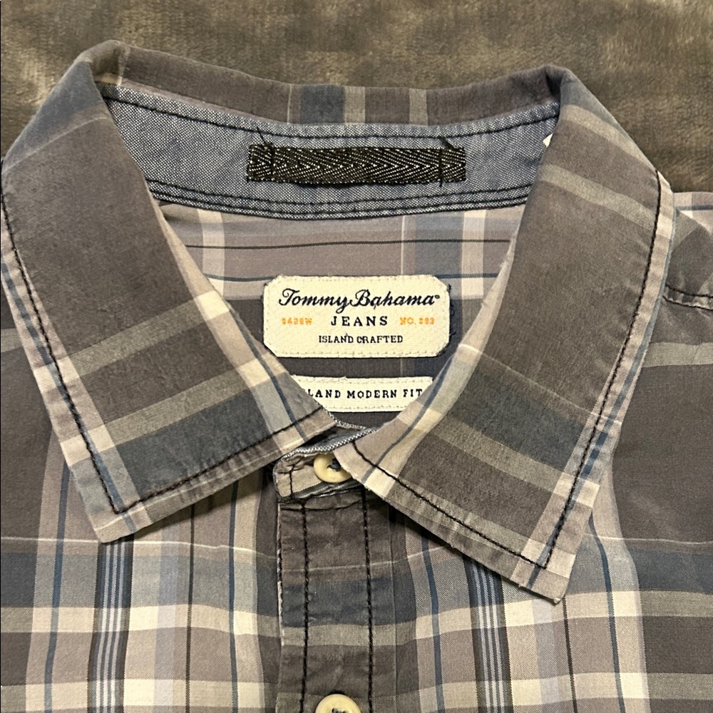 Tommy Bahama Gray and Blue Checkered Shirt
